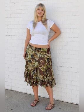 Vintage Y2K 90s Grunge Fairy Mesh Midi Skirt Brown Green Size Large Festival